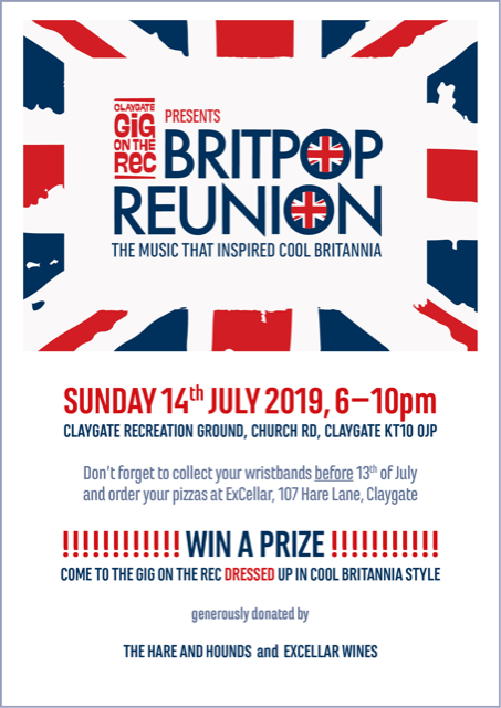 GigontheRec's tweet photo. Don't forget to pick up your #GigOnTheRec wristbands before July 13 from @ExCellarWine 107 Hare Lane, to see the marvellous @britpopreunion with support from Claygate's own @lemidlifecrises this Sunday July 14. Tickets available https://t.co/QieIrpsHRi @CVAClaygate @HareClaygate https://t.co/asf4NrWaLV