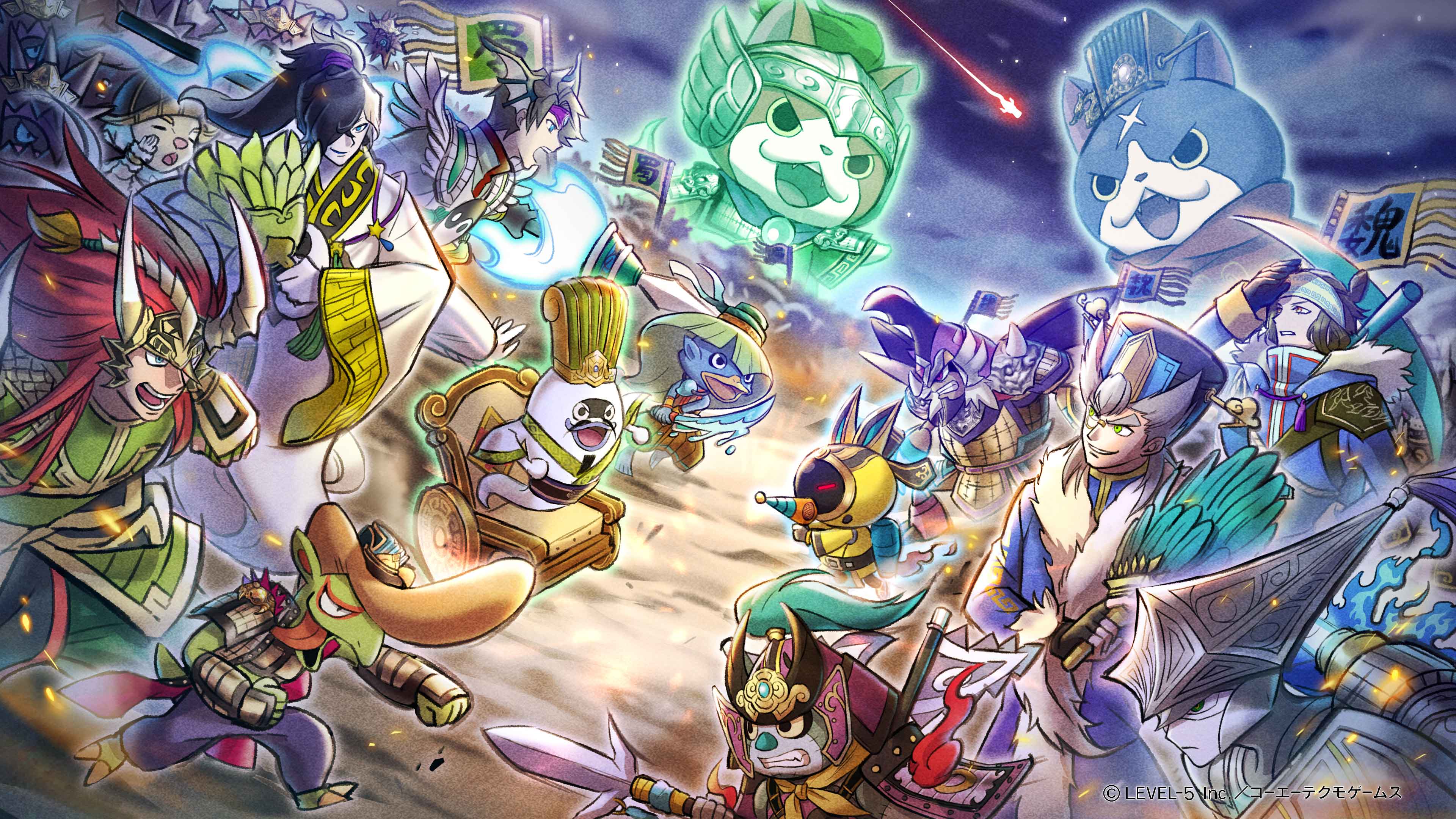 公式 妖怪三国志 国盗りウォーズ 最後に 1 5周年を記念して新イメージイラスト を描き下ろしました テーマは五丈原の戦いです 死せる孔明 生ける仲達を走らす でも有名な戦いですね 空に輝くはジバニャン劉備とフユニャン曹操と なるほど