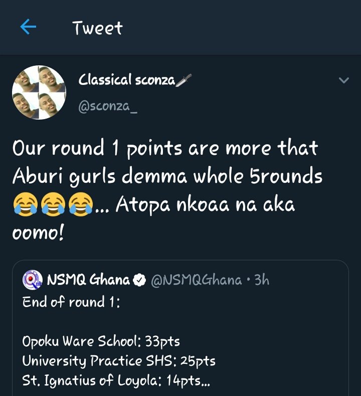 Papa_Yaww's tweet photo. @Akatakyie @sconza_ you can't make false accusations against our ladies and expect to go scot-free. I hope youve lessons and better luck next time. #NSMQ2019 #bluemajic #Odadea #number6 https://t.co/hRQX1DRhff