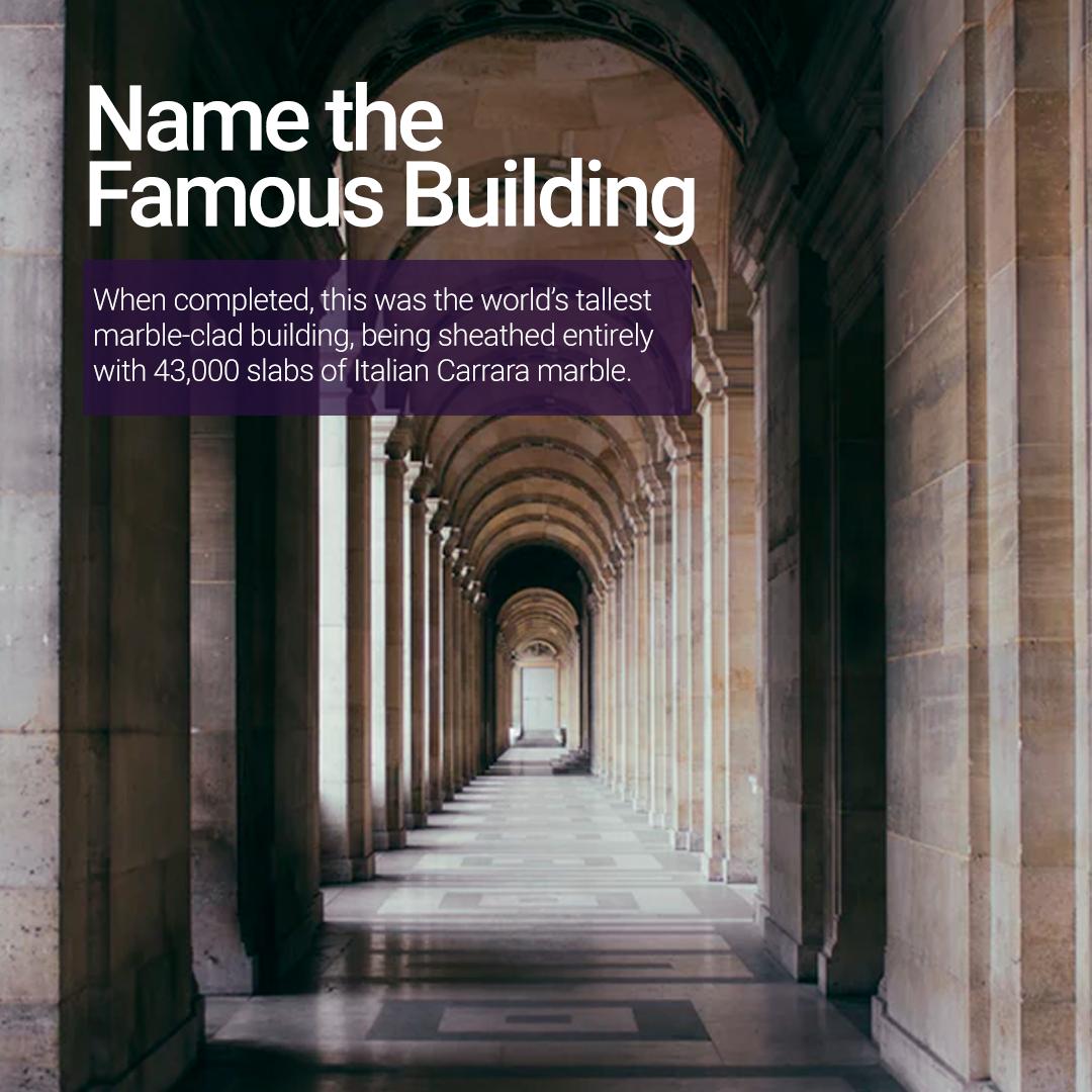 Name the famous building: When completed, this was the world's tallest marble-clad building, being sheathed entirely with 43,000 slabs of Italian Carrara marble.

#aurora #aurorafireplaces #guessthebuilding #marble #famous #marblebuilding