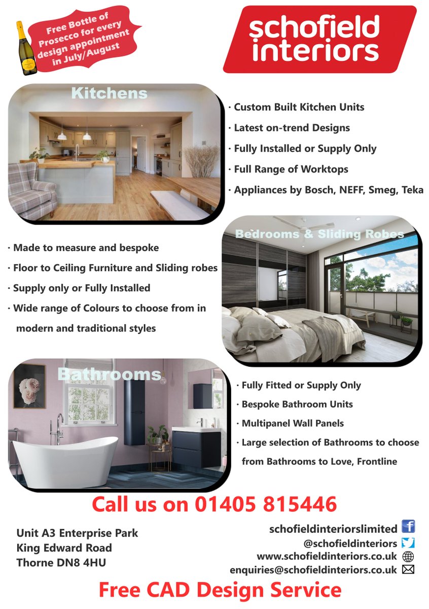 Our latest #advert going into the #DNfourteen Magazine and #Arrow Publications for July and August. See our latest #promotion. #Free bottle of #Prosecco for every #design appointment booked in July and August 2019.
#localbusiness #kprs #ilovedoncaster #kitchens #bespokekitchens