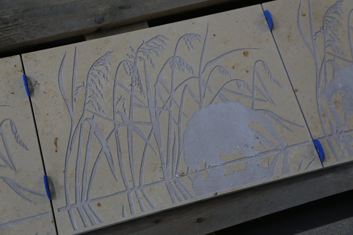 Hardscape_ENG's tweet photo. During and after: #DietfurtBeige #Limestone #laseretching! The #naturalstone is being used for a #PublicArt #cladding scheme at #PaddingtonGardens in #London ππΌ we are lasering each panel individually which will portray the growth of the Paddington Basin area from its roots π± https://t.co/2A8HLVvzod