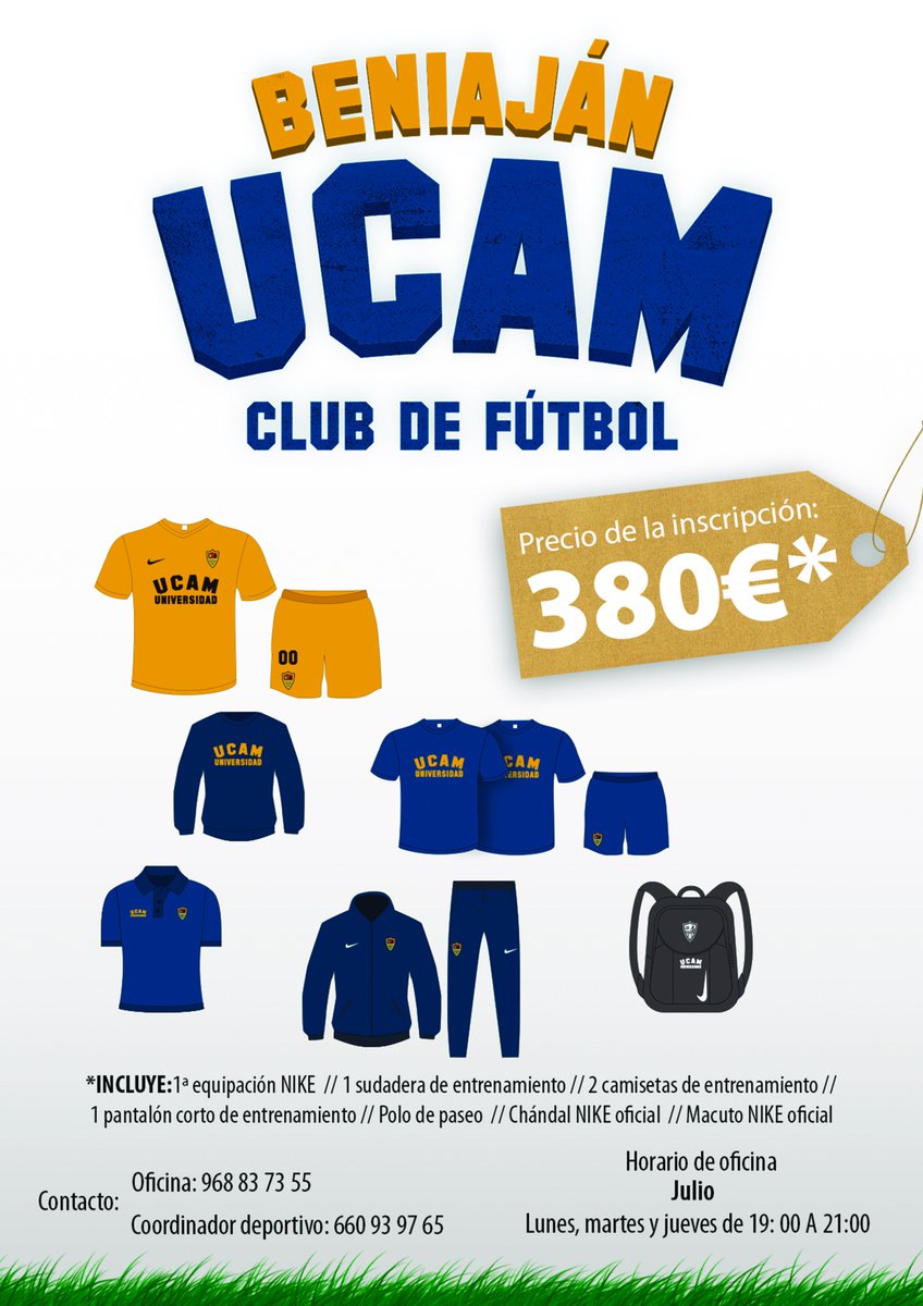 ¡Inscríbete al <a href="/BeniajanUCAMCF/">Beniaján CF</a>!

Por tan solo 380 euros juega con nosotros en la 2019/20 y viste nuestra ropa de juego, entrenamiento y paseo.

Haz click en la imagen ⤵️ y consulta los números de teléfono para iniciar el proceso de inscripción.