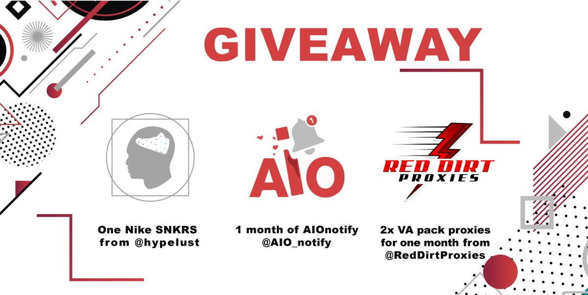 AIO_Notify's tweet photo. GIVEAWAY TIME!!

Prizes:
- 1 Month AIO Notify
- One Nike SNKRS Bot
- 2x VA Pack Montly from Red Dirt Proxies

Rules:
-FOLLOW @AIO_Notify @hypelust @RedDirtProxies 
-RT 
-TAG A FRIEND

END IN 24H! https://t.co/WmjEdX0VmH