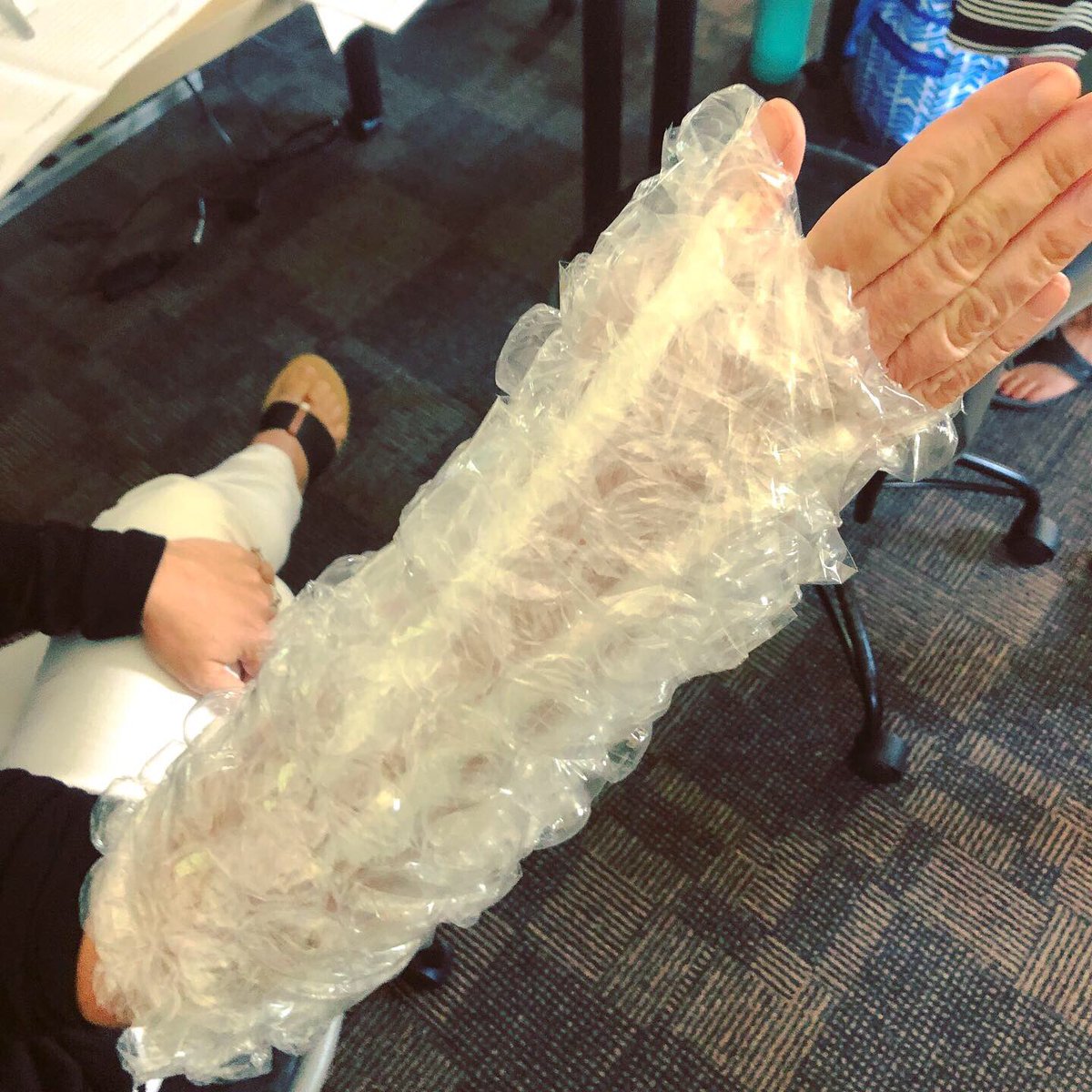 one8alhub's tweet photo. Reporting live from @pltworg Core Training @wpi! Launch teachers are making casts as part of the Structure and Function: Human Body module, which follows the character Angelina who falls off the monkey bars.  #pltwma #PLTWCT19 #stem #appliedlearning @WPISTEMCenter https://t.co/cndC1eX04W