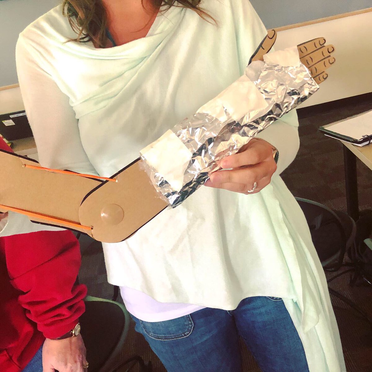 one8alhub's tweet photo. Reporting live from @pltworg Core Training @wpi! Launch teachers are making casts as part of the Structure and Function: Human Body module, which follows the character Angelina who falls off the monkey bars.  #pltwma #PLTWCT19 #stem #appliedlearning @WPISTEMCenter https://t.co/cndC1eX04W