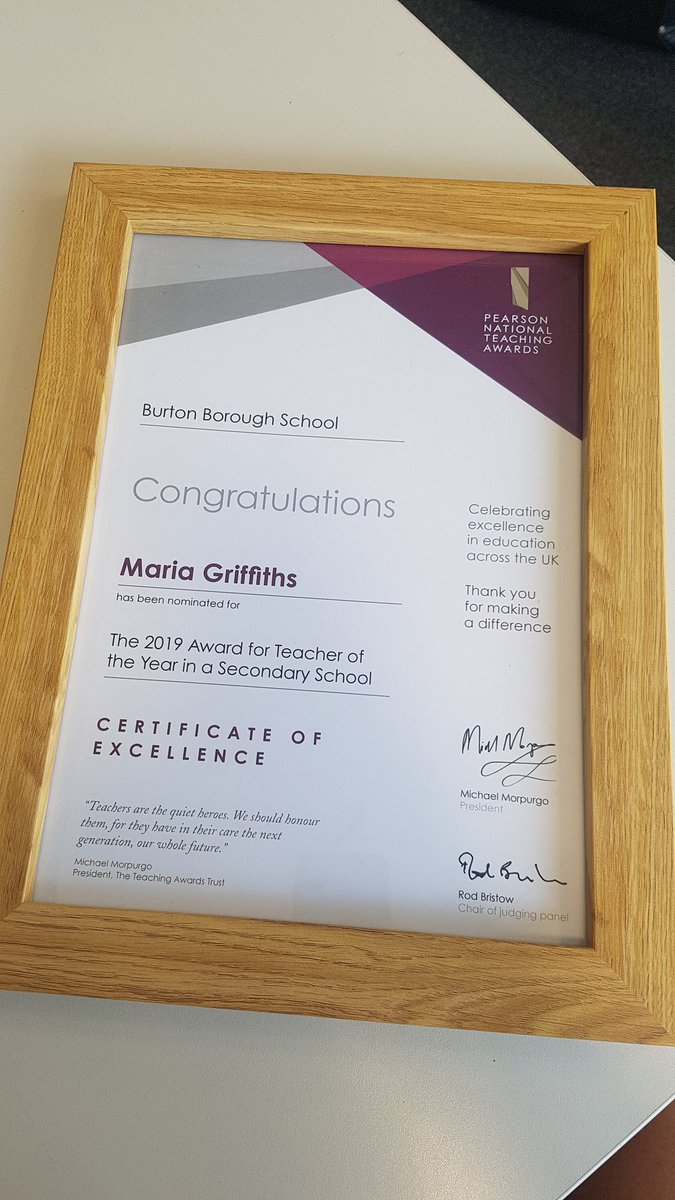 So honoured to have received a Certificate of Excellence after being nominated by my students for 'The 2019 Award for Teacher of the Year in a Secondary School'. What a great start to my Monday! #PearsonNationalTeachingAwards
