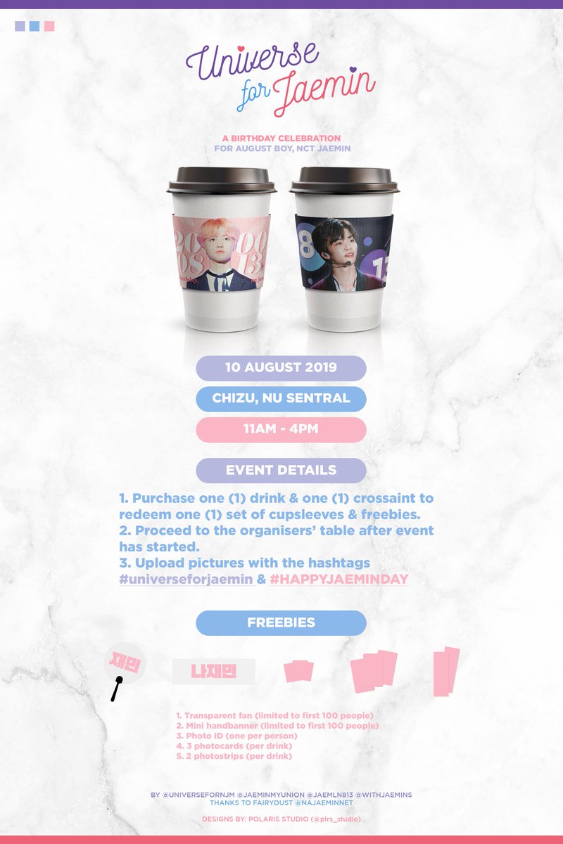 universefornjm's tweet photo. ˚₊· ͟͟͞͞➳✩ a cupsleeve event for our august boy, na jaemin. #universeforjaemin 
——
🗓 august 10th, 2019 
📍chizu &amp; honzu, nu sentral
🕰 11am ~ 4pm 
——
special thanks to @najaeminnet ♡ https://t.co/5vTo2bXnDX