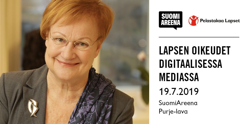 pelastakaalapse's tweet image. Toteutuvatko lapsen oikeudet digitaalisessa mediassa? Tätä pohditaan #SuomiAreena'n paneelissamme 19.7. Ja mahtava uutinen - paneelimme saa arvovaltaisen osallistujan presidentti @TarjaHalonen liittyessä asiantuntijoidemme joukkoon! Lue lisää: pelastakaalapset.fi/SuomiAreena2019 @SuomiAreena