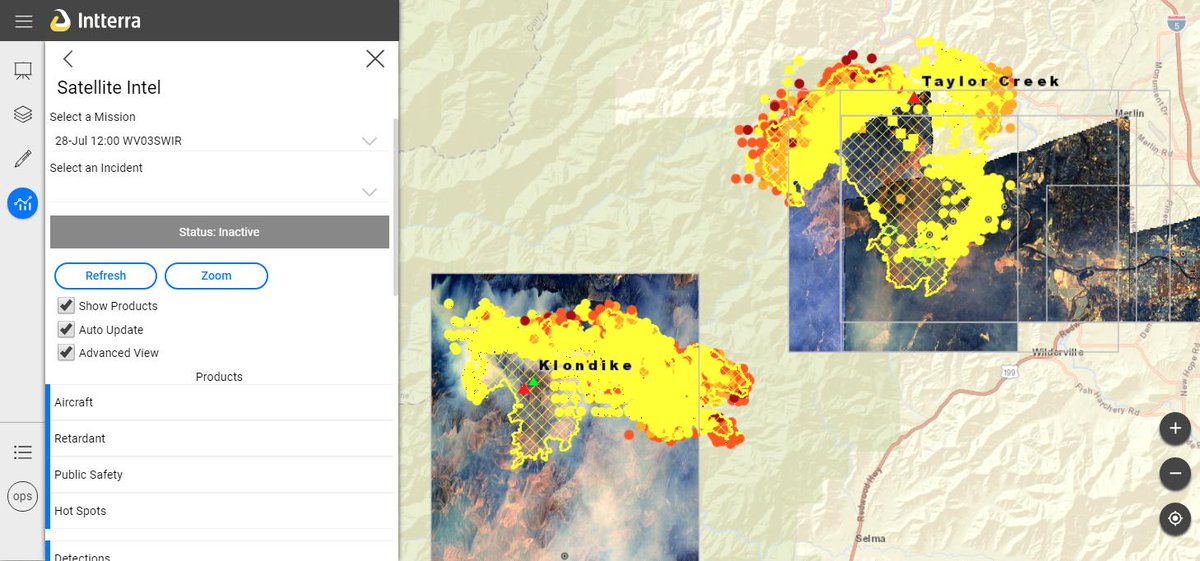 intterra's tweet photo. Intterra software has several layers that can be turned on and off. This image shows 28 Jul 2018 #WorldView3 imagery acquired over the #KlondikeFire and #TaylorCreekFire, with #MODIS / #VIIRS data and #GeoMac perimeters. Learn more: https://t.co/lSYbz8RA61 https://t.co/ZdxciY0W1M