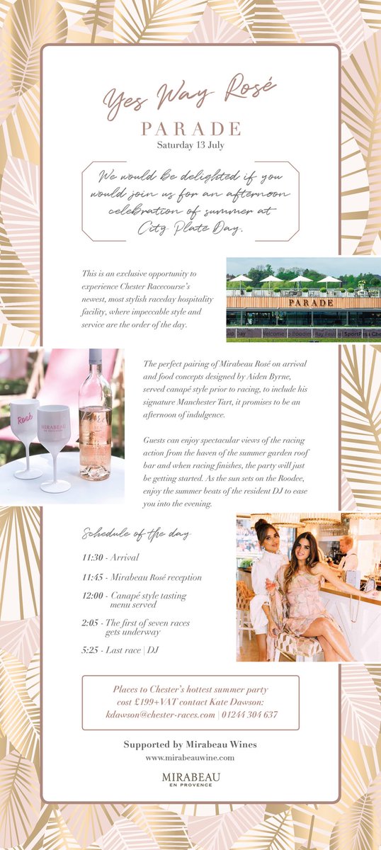 Join us ⁦<a href="/ChesterRaces/">chesterraces</a>⁩ for Our Celebration of Summer this Saturday . Exclusive invite for our friends 🥂⁦<a href="/mirabeauwine/">stephen%mirabeauwine.com@gtempaccount.com</a>⁩