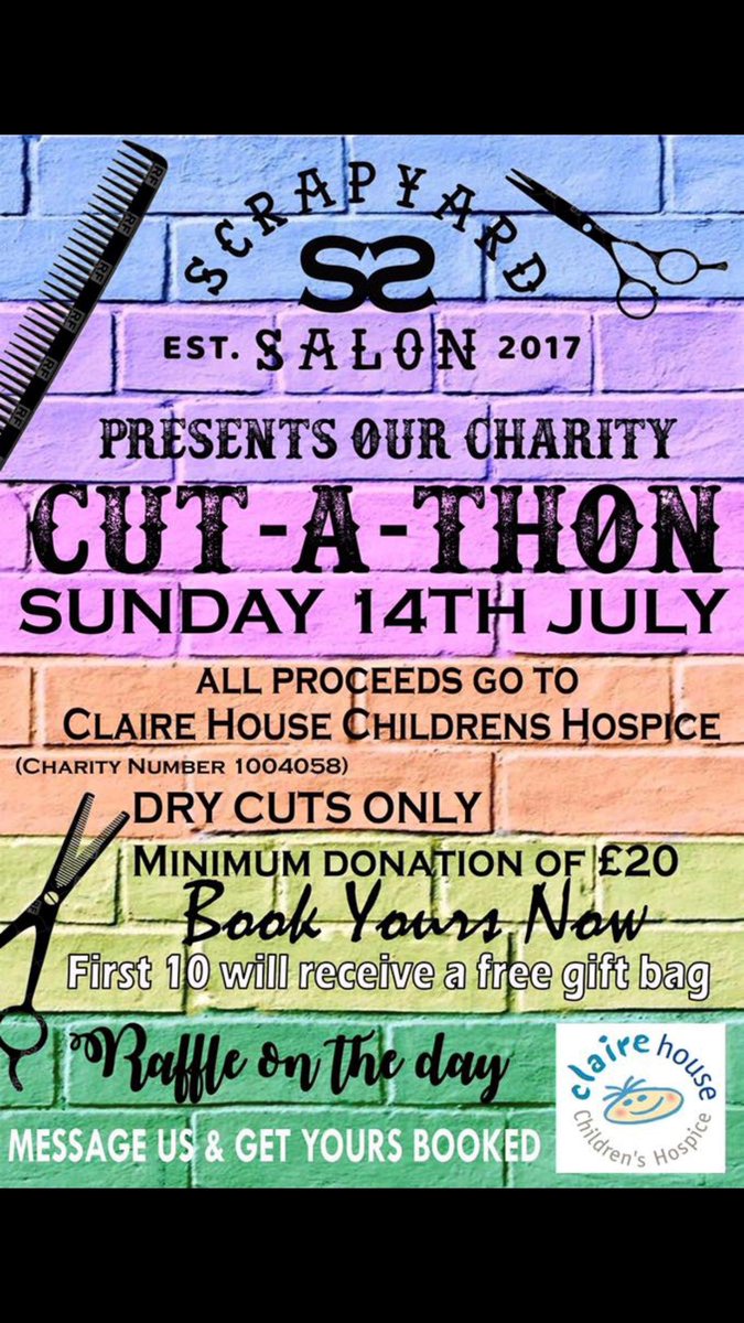 CoraCH15's tweet photo. ๐โโ๏ธ๐โโ๏ธNeed a hair chop?! Sign up and help out @ClaireHouse all in one go!!! #Charity #TreatYoself #Cutathon #ScrapYardSalon https://t.co/JvwVy7YLJv