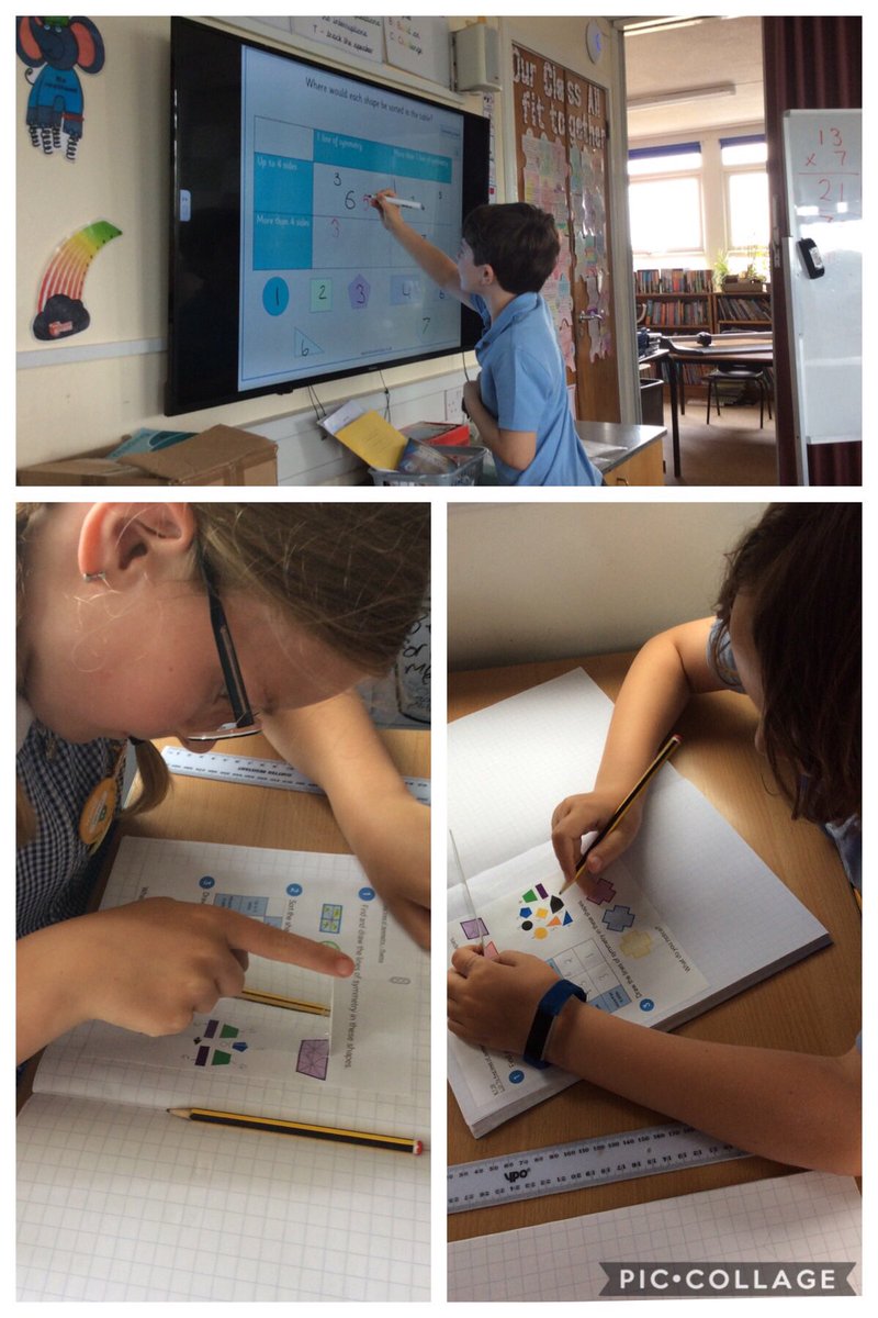 Year4S's tweet photo. In Maths today we explored lines of symmetry on 2d shapes. As a class we discussed misconceptions, using lots of fantastic mathematical vocabulary. We also sorted out shapes into Venn and Carroll diagrams, using different criteria. https://t.co/II2u1KeGgg
