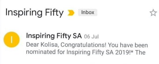 Kolie_Yola's tweet photo. @cocreateSANL I screamed so much when this popped up on my phone screen at about past 1 am on Saturday morning. Thought it was a mistake. But the email had my name on it. 😭❤👑 #InspiringFifty2019 #CocreateSA https://t.co/6cNWWQTkoe