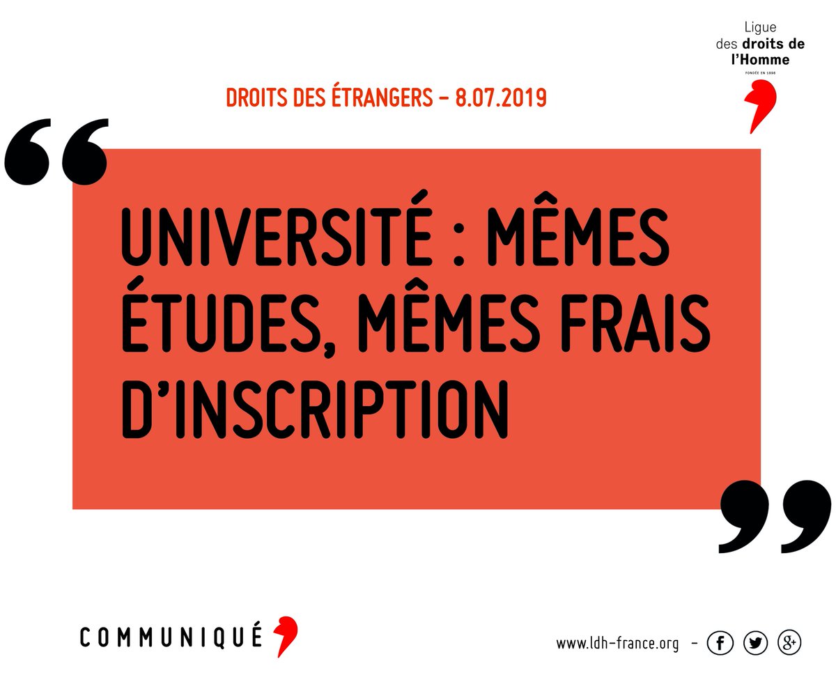 LDH_Fr's tweet photo. [Communiqué LDH]
🎓 Une telle augmentation imposée aux étudiants ressortissants non européens crée un tri par l’argent discriminatoire et préjudiciable au rayonnement international, culturel et économique de la France. #FraisdInscription #Université 
➤ https://t.co/TiKcN7iTbv https://t.co/vYTmNEk2q5