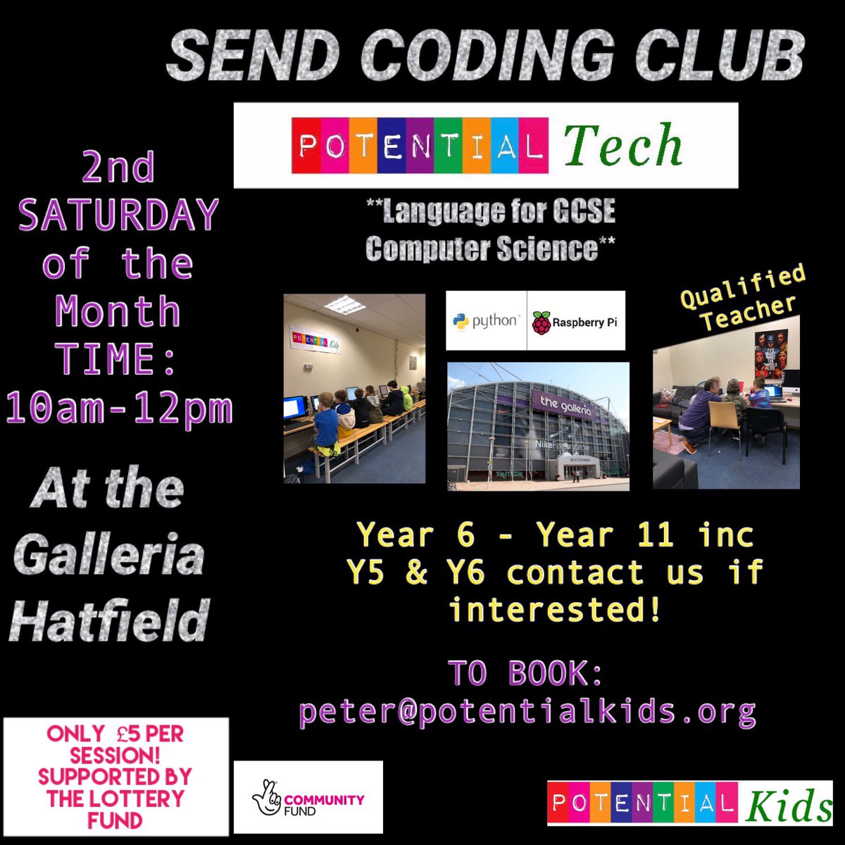 Potential Tech this Saturday 13th at the Galleria 10-12! Only £5 !!
Contact: peter@potentialkids.org #techclub #coding #codingcamp #hatfield #welwyngardencity #hertfordshire #saturdayactivities #shopping #thegalleria #sencoding #send #sen