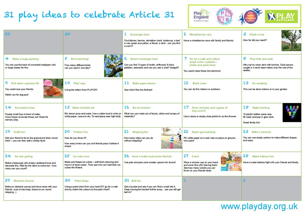 To mark the end of the school term here are 31 simple play ideas to make it a playful summer holiday! 

For more play ideas visit: playfulchildhoods.wales/ideas-for-play… 

#RightToPlay #Playday2019 #RightsHour #PlayIdeas