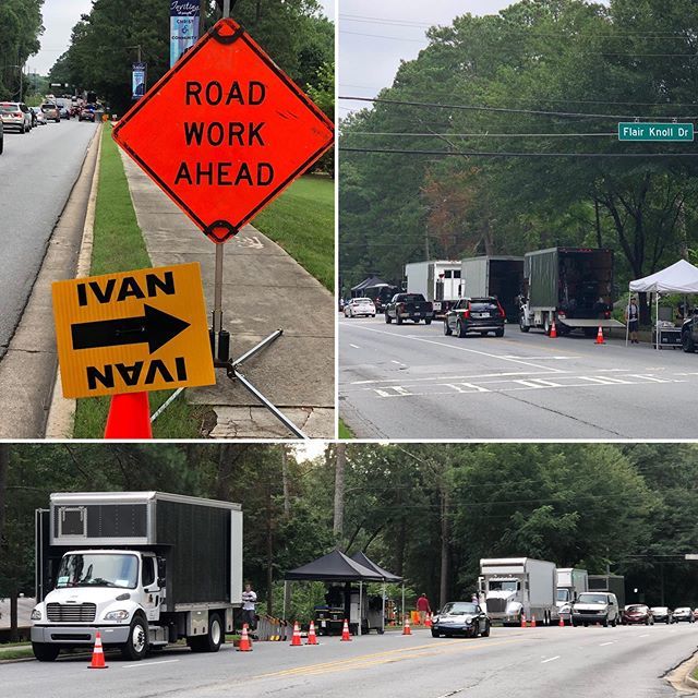 krelnik's tweet photo. Lane blocked on #Shallowford Road east of I85 for film shoot today and tomorrow. #AtlTraffic #IVAN is the code for Ron Howard’s #HillbillyElegy for #Netflix #AtlFilming https://t.co/DYUiriDGKH https://t.co/eIUFmZOFcb