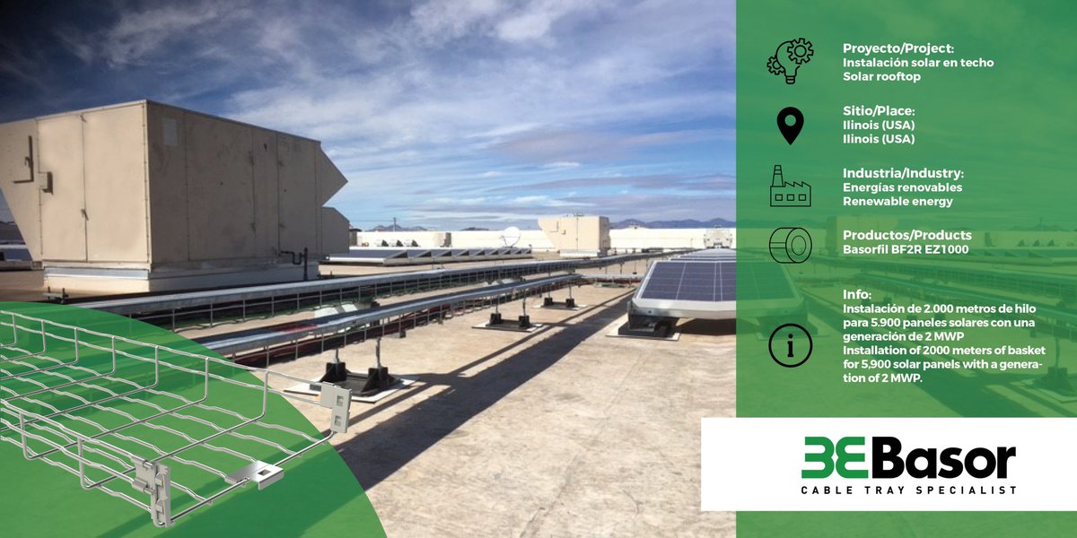 BasorElectric's tweet photo. Hola Beegreners! Hoy en nuestro #ProyectoDeLaSemana viajamos a Ilinois (USA 🇺🇸) hasta una instalación fotovoltaica de 2MWP instalada con 2.000 metros de nuestra bandeja de hilo #BASORFIL, la cual vertebra casi 6.000 paneles encargados de recoger la luz solar 🌞#Basor #EEUU #GREEN https://t.co/ji7HqSq21F