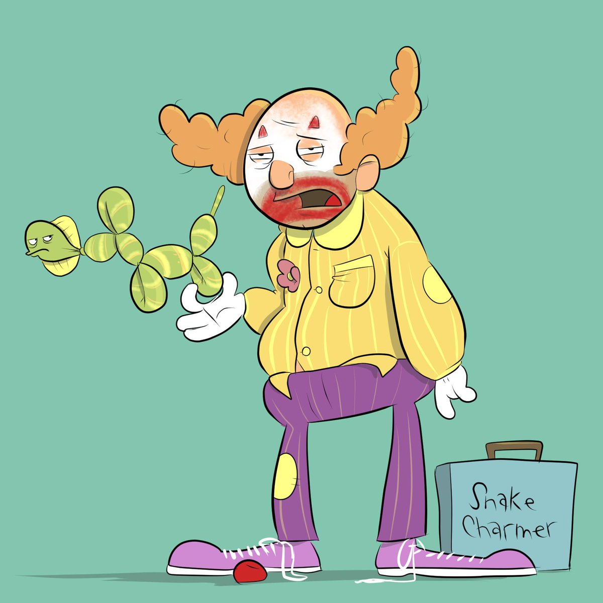 Poor Ralph needs more sleep. He grabbed the wrong bag on the way to his work (his roommate is going to have a very boring show today).

Enjoy your #SnakeloonDay. #animaloon_collective #snake #clown #poodle #balloon #balloonart #balloonanimal