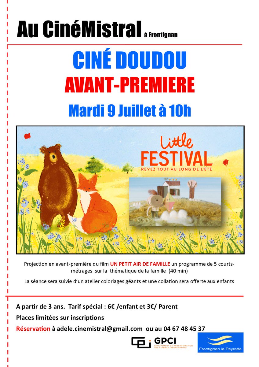 Une mâtinée récréative pour les tout-petits <a href="/cinemistral/">CINEMISTRAL</a> demain matin, à l'ombre du projecteur et au frais !

<a href="/KMBOcinema/">KMBO</a> <a href="/GPCIprog/">GPCI</a>  #frontignan