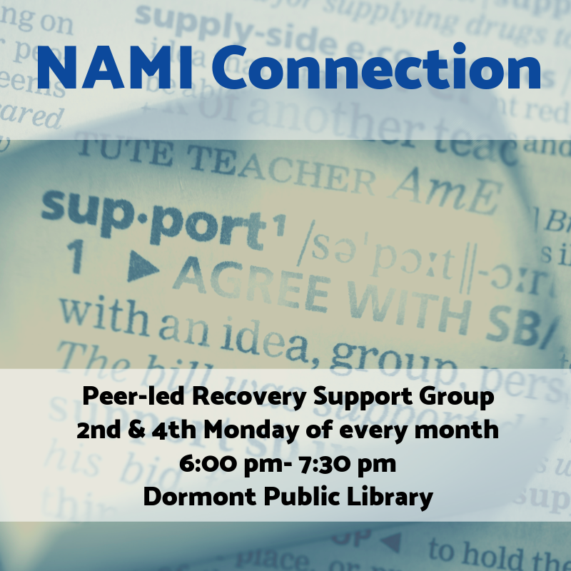 NAMIKeystonePA's tweet photo. The #NAMI Connection Peer Recovery Support Group meets TONIGHT from 6-7:30PM @dormontlib. Connection is a free support group for adults living with a MH condition. The groups are led by NAMI-trained facilitators who have been there. #PeerSupport #Support4U #NAMIKeystonePA #NKPA https://t.co/shYN6q5W03