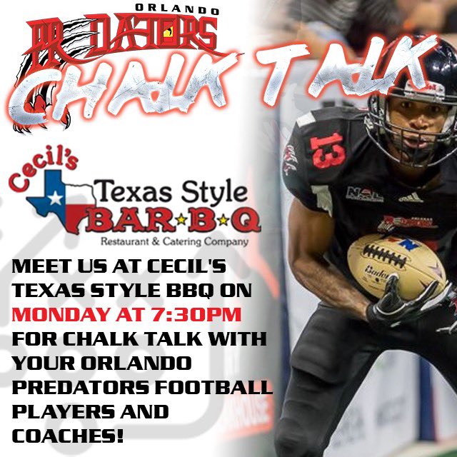 predatorsorl's tweet photo. Join us tonight at 730p @cecilsbbq for Monday Night Chalk Talk hosted by @thetjchatmanshow powered by @cyclefevertv and joined by your Orlando Predators Football Players and Head Coach Doug Miller! Watch online here:

https://t.co/5HXnnHNRii

#PredatorsOrl
#NALFootball https://t.co/Bc356tq5CW