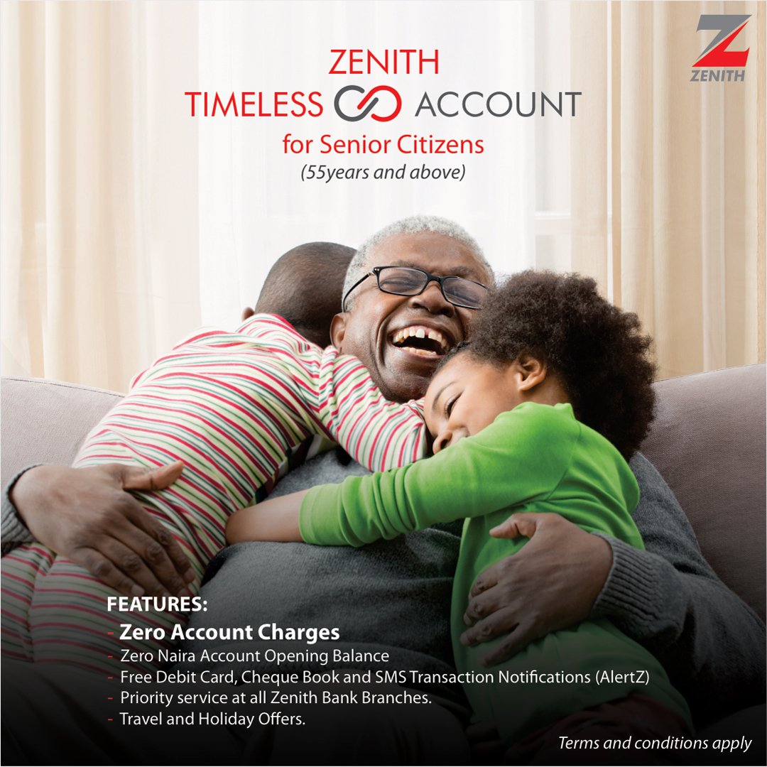 ZenithBank's tweet photo. Senior Citizens can now open Timeless Accounts and enjoy zero account charges! Simply dial *966*0# from your mobile phone or walk into any Zenith Bank Branch to open one today!
#TimelessAccount #ZeroBalance #ZeroBankCharges https://t.co/iZe0o9fp2s