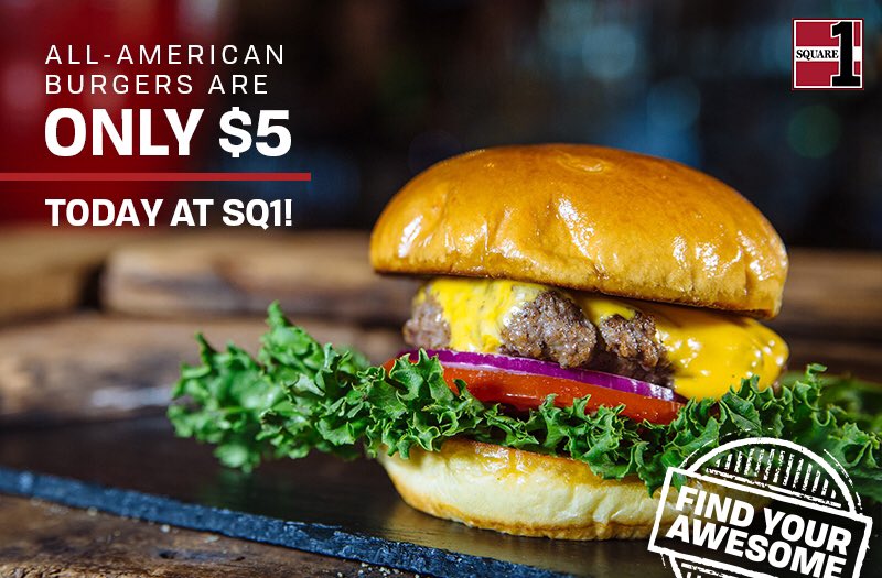 Square1Burgers's tweet photo. Keep that patriotic flag waving all month long starting with $5 All-American Burger Monday! Today, Monday, July 8, at Square 1, get your classic All-American Burger fix for only $5 with the purchase of a beverage. https://t.co/2fVMfUzvWM
