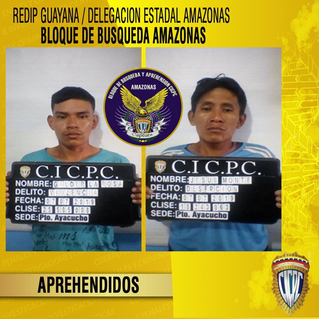 Bloque de Busqueda Amazonas detuvo dos personas SOLICITADAS por tribunales, en Operativos de Seguridad en calles de Puerto Ayacucho. <a href="/DouglasRicoVzla/">Douglas Rico</a> <a href="/PRENSACICPC/">PRENSA CICPC</a> @Cicpc376 <a href="/JesusATeresen67/">Jesús Abraham Teresen Romero</a> @darwincicpc