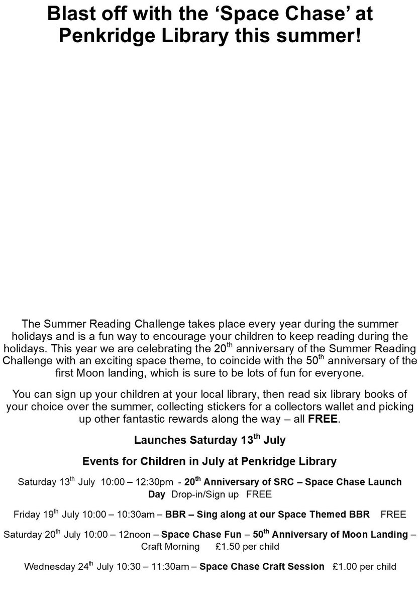 StaffsLibraries's tweet photo. We have lots on at #PenkridgeLibrary for this year's #SummerReadingChallenge #SpaceRace starting this Saturday - 13th July! Check out all our events and come along and join in! @readingagency @PenkAdvertiser @PCSOAndyPoxon https://t.co/nHPuAgUqfk