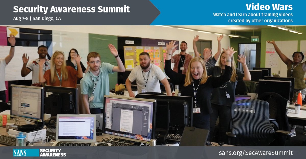 lspitzner's tweet photo. Only two weeks left to submit your video for the #SecAwareSummit #VideoWars held 7/8 Aug in San Diego. Have a fun, innovative, or cool awareness video you want to showcase to 300+ awareness peers? Email me at lspitzner@sans.org. https://t.co/rWWuvHKttd https://t.co/PBe1wJrNWy