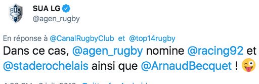 CanalplusRugby's tweet photo. L'annonce vient de tomber ! @racing92, @staderochelais &amp; @ArnaudBecquet, @agen_rugby vient de vous désigner pour tenter de faire mieux que Léo Berdeu et ses 256 tentatives au #BottleCapChallenge version #Rugby 🏉💪 https://t.co/c5hzByC6dR