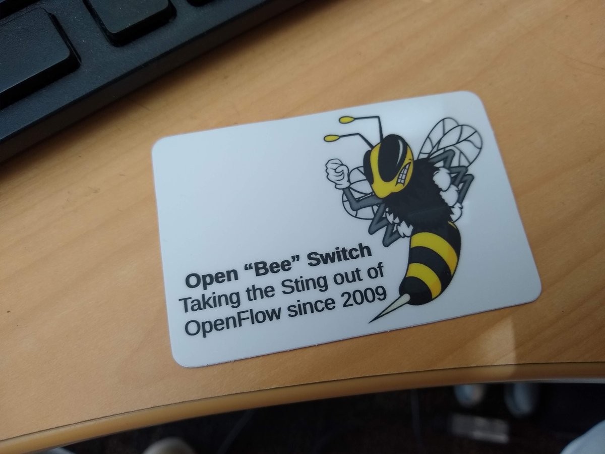 Ben_Pfaff's tweet image. Today is the 10th anniversary of the Open vSwitch repository! To celebrate, I'm making available new 2"x3" stickers with the design from our 2014 hackathon T-shirts. Just DM me or email me at blp@ovn.org with your postal address and I'll mail you a sticker.