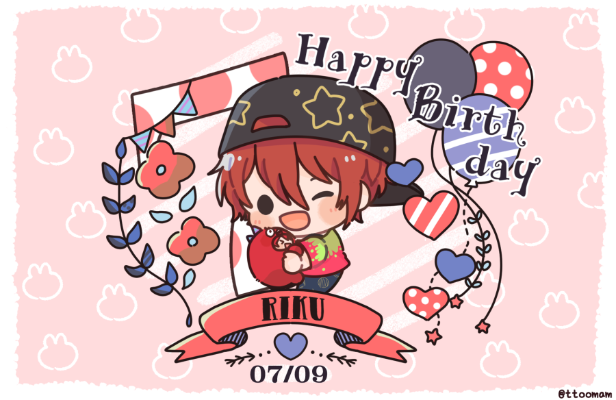 balloon 1boy male focus backwards hat happy birthday chibi one eye closed  illustration images