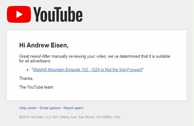 Pic of an email in which YouTube once again admits it improperly flagged one of my vidoes.