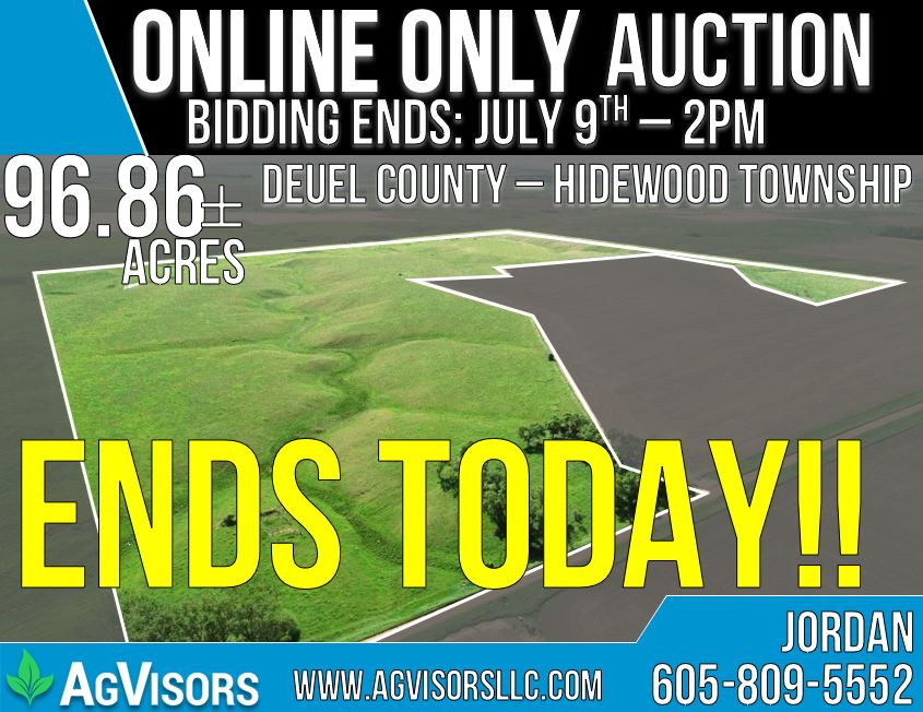 AgVisors's tweet photo. BIDDING ENDS TODAY!!
To purchase this Deuel County Pasture. Register to bid at https://t.co/10kIL5s0VK. Auction ending July 9th at 2PM with extended bidding if needed. 
- 96.86 Acres
- NO EASEMENTS
- Native Hidewood Valley Pasture
- Immediate Possession
Jordan: 605-809-5552. https://t.co/3LSgErpKhj