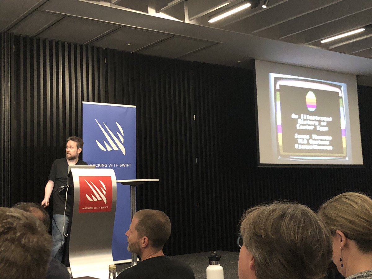 Rickard's tweet image. Very happy to be in the audience for @jamesthomson at #HackingWithSwiftLive on Easter Eggs.
