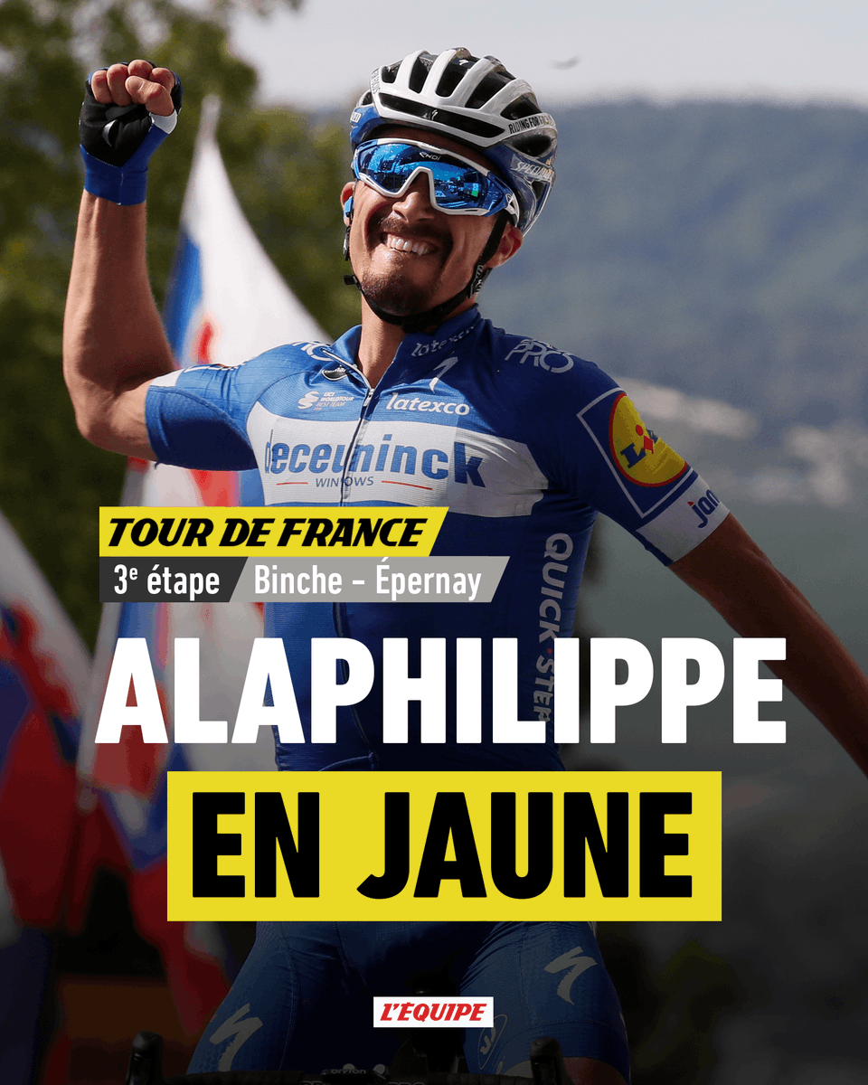 lequipe's tweet photo. Julian Alaphilippe fait coup double avec la victoire d'étape et le Maillot Jaune à Épernay !

La course : https://t.co/YqdqlBJ1le https://t.co/7E0IsTKLvM