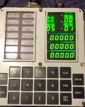The DSKY (Display/Keyboard) was used by astronauts to interact with the Apollo Guidance Computer. This replica DSKY shows the output from my Bitcoin mining program as rows of octal digits.