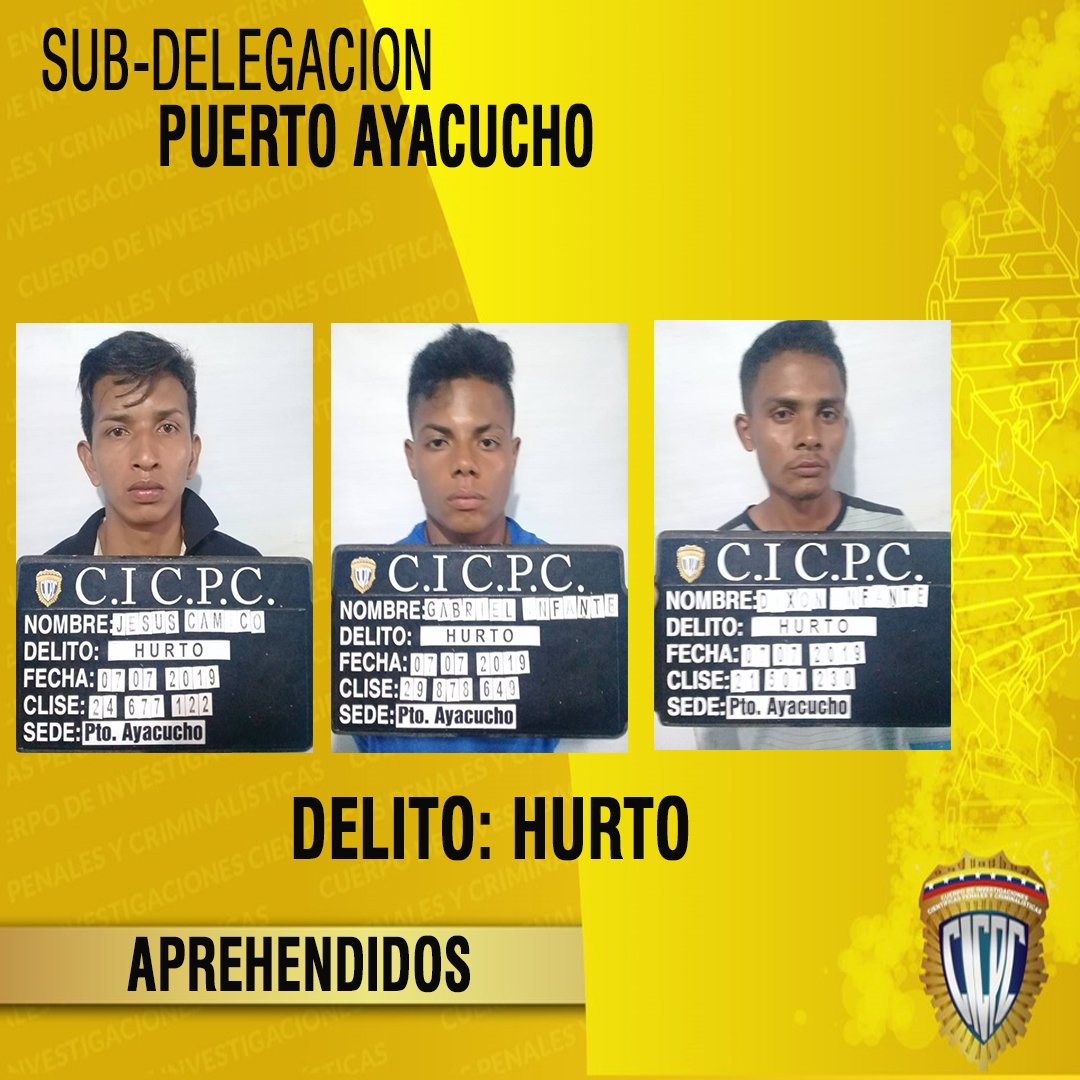 Funcionarios del CICPC Puerto Ayacucho aprehenden en flagrancia a tres personas por Hurto de Residencia. <a href="/DouglasRicoVzla/">Douglas Rico</a> <a href="/PRENSACICPC/">PRENSA CICPC</a> @Cicpc376 <a href="/JesusATeresen67/">Jesús Abraham Teresen Romero</a> @darwincicpc