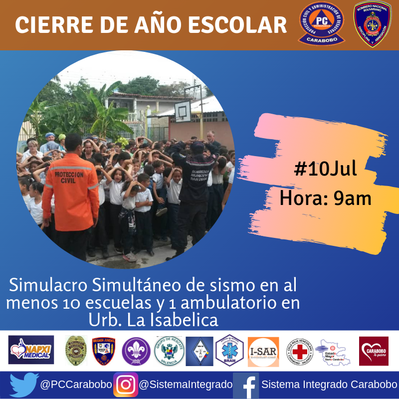 SistemaCarabobo's tweet photo. #Importante Este miércoles #10Jul llevaremos a cabo Simulacro simultáneo de evento sísmico en al menos 10 escuelas y un ambulatorio de Urb La Isabelica mcpio Valencia @CaraboboGB @bomberocarabobo @Jacobo_Vidarte @CruzrojaVal @rubendarioreina @yoelbracho @Sira9dos @isarvzla https://t.co/EunsfhIHIB
