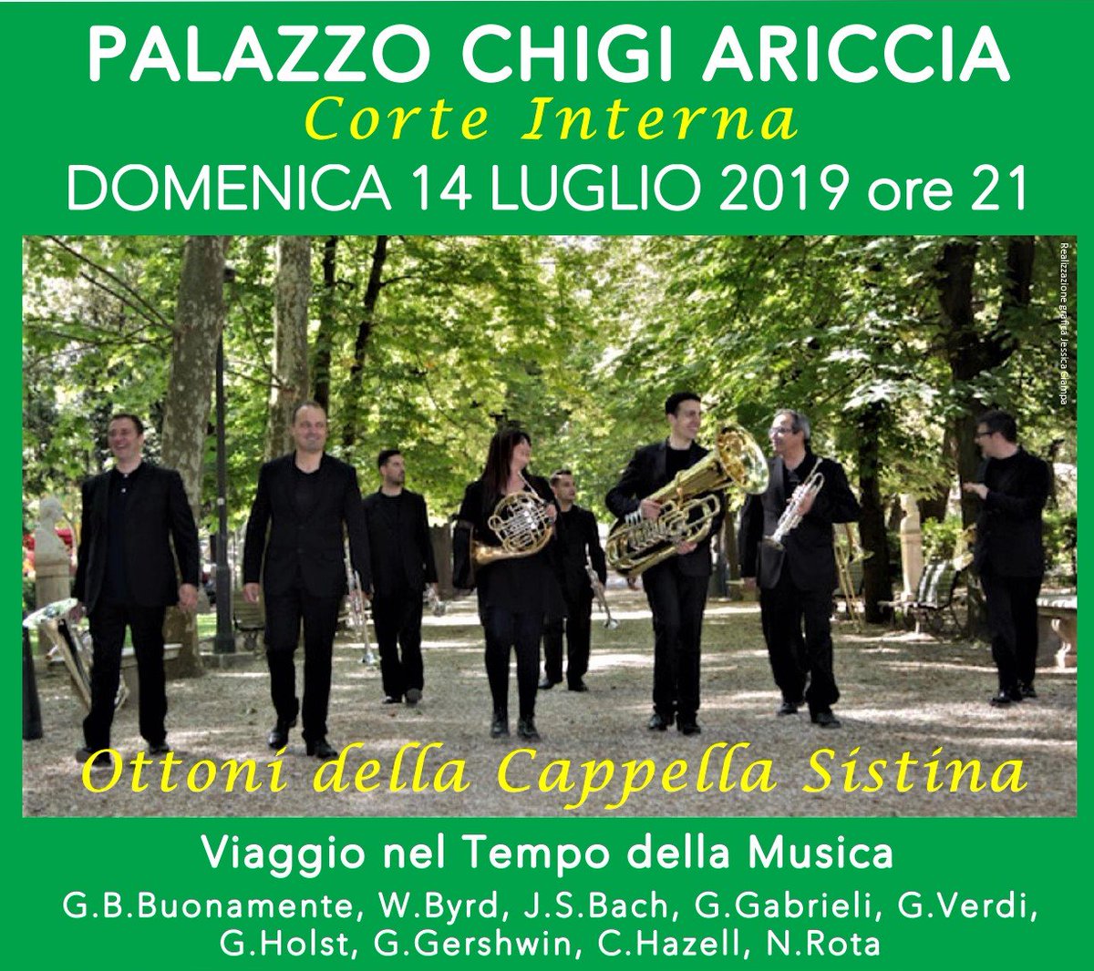 Domenica 14/7 nuovo appuntamento con la grande #musica ad #Ariccia: gli Ottoni della #CappellaSistina si esibiranno nella Corte interna di #PalazzoChigiAriccia, affacciata sul Parco, in un repertorio di brani che spazieranno dal Rinascimento ad oggi. Info bit.ly/1jQwhjt