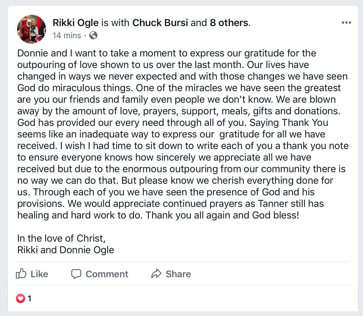 Randiheartie's tweet photo. Wanted to share my sister’s Facebook post expressing their gratitude for all the love, support and prayers. So many of you have reached our supporting our family during this very difficult time! #TanmanStrong #PrayforTanman https://t.co/aAmbq09aEv