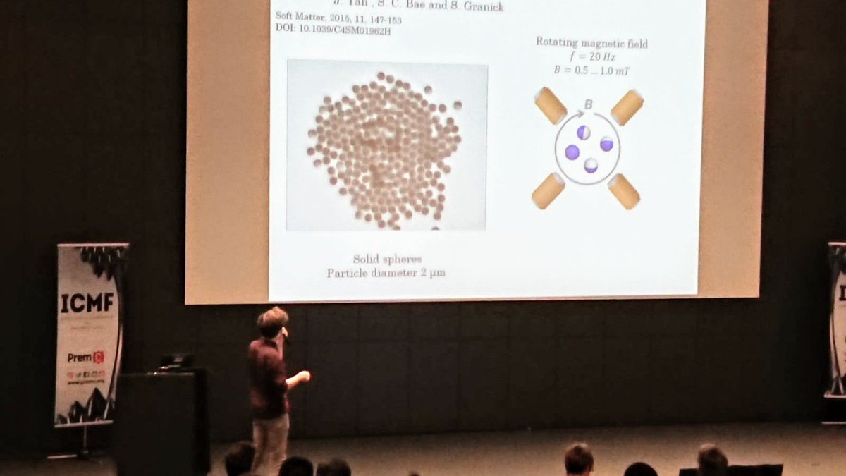 MMML_LU's tweet photo. The 
@ICMF_Conference
 has started! Andris has the first #ICMF2019 presentation from 
@MMML_LU
 lab. It is on spontaneous order of rotating magnetic droplets! https://t.co/zhtRGmJFjt
