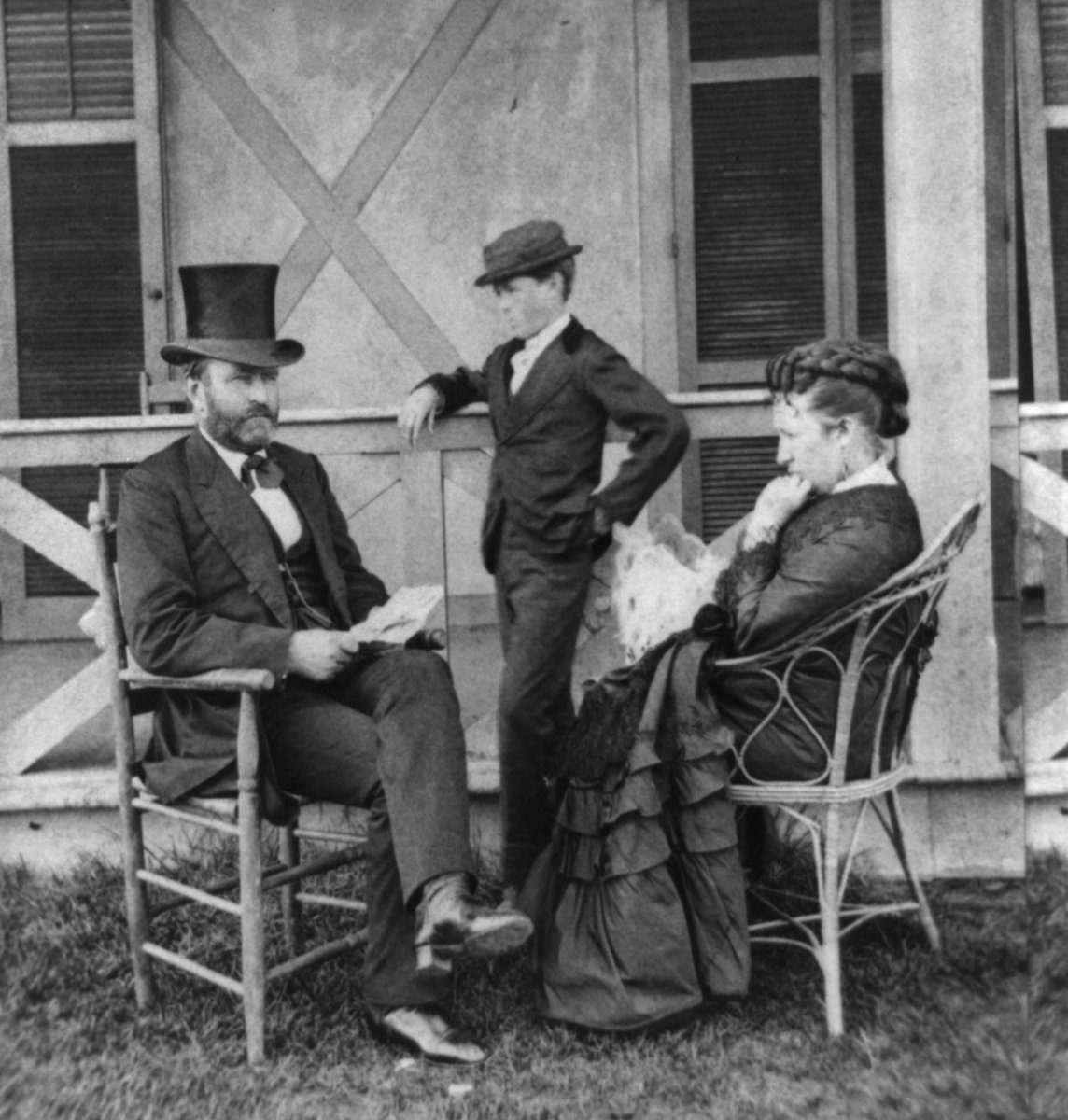 Jesse Grant's memoir paints a picture of a happy, loving family life in the  Grant White House. In this photograph, Jesse Grant poses with his parents,  President Ulysses S. Grant and First, image size:1144x1200