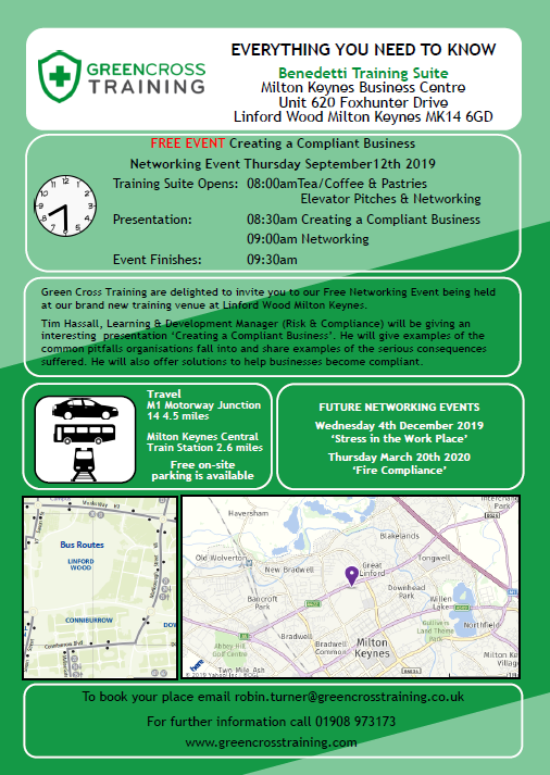 allthingsbus's tweet photo. .@GreenCrossTRN are hosting a FREE networking event in September in #MiltonKeynes, "Creating a Compliant Business". Details below. ⬇️
#MKNetworking #Networking #NetworkingEvent #MK #MKBusiness #MKNews #BusinessNews #MentalHealth #HealthAndSafety https://t.co/vXAPmQDbQ3