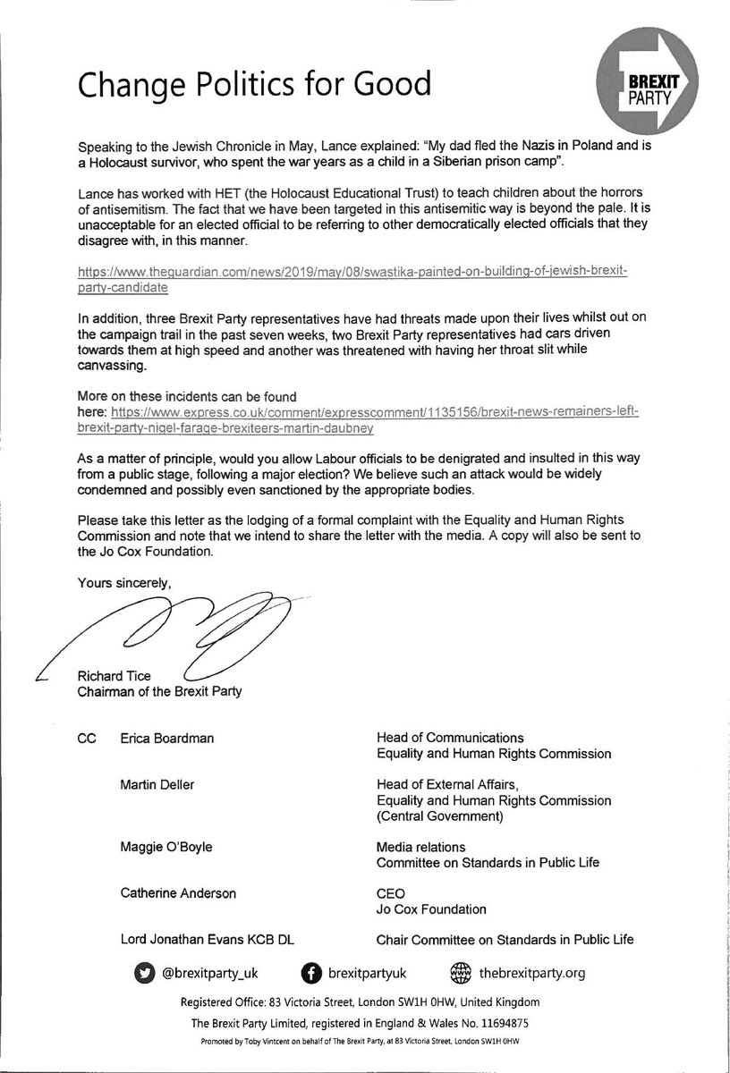 RupertLowe10's tweet photo. The @brexitparty_uk will not accept being tarred with such outrageous and untrue accusations. 

@NeenaGmep should be ashamed of the offence her public remarks have caused.

Our Chairman @TiceRichard has made a formal complaint to the Equality and Human Rights Commission.

🔽🔽🔽 https://t.co/tYaFThJt4N