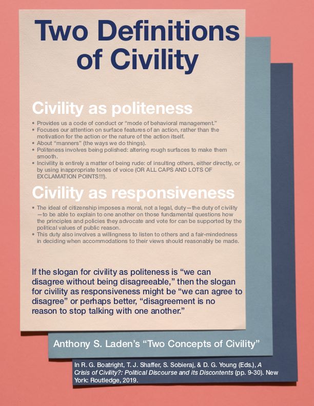 In <a href="/CivilityCrisis/">A Crisis of Civility?</a>, Anthony Laden (phil.uic.edu/profiles/laden…) makes the distinction between two concepts of civility: politeness and responsiveness. 

How do you think about or define civility? 

What steps can we take to stay in conversation with one another even when we disagree?