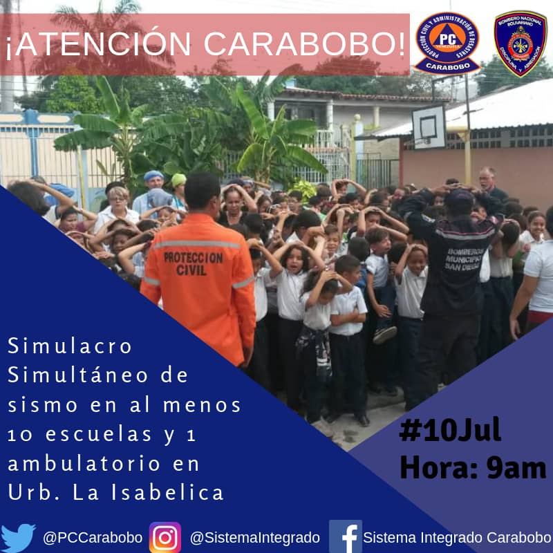 Simulacro simultaneo de sismo en 10 escuelas de Valencia el proximo Miercoles 10 de Julio en conjunto con <a href="/CruzRojaVe/">Cruz Roja Venezolana</a>, <a href="/Sira9dos/">Sira-92</a> <a href="/BRAM_Venezuela/">BRAM Venezuela</a> @PCCarabobo